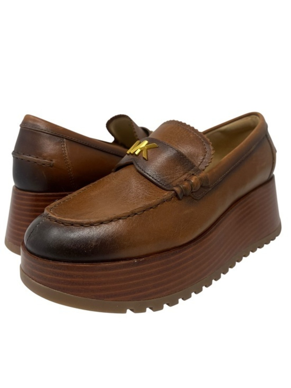 Michael Kors Brown Leather Platform Loafers with Gold MK Accent